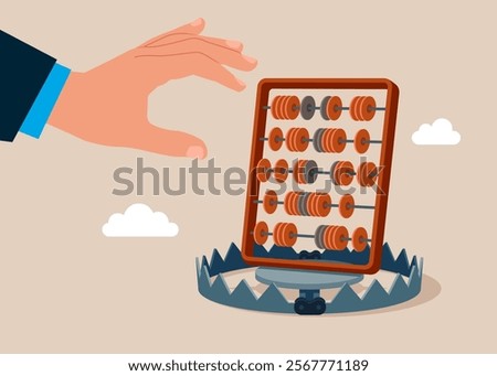 Hand takes a abacus for calculations from a bear trap. Financial accounting fraud. Modern vector illustration in flat style