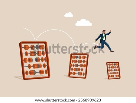 Reduced work, crisis. Businessman jumping from on smaller abacus for calculations. Risky situation or economic recession, crisis or bankruptcy. Vector illustration. 