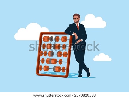 Businessman with abacus for calculations. Interest, financial and mortgage rates. Budget management concept. Financial calculation of money. Tax time. 