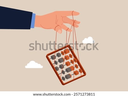 Businessman controls abacus for calculations. Loan calculation, budget allocation, expense and debt pay off or payment. Flat vector illustration