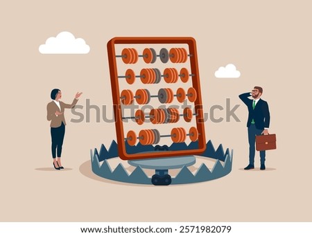 Abacus for calculations from a bear trap. Financial accounting fraud. Modern vector illustration in flat style