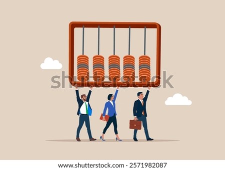 Business people working together carry an abacus for calculations. Teamwork in improving performance. Flat vector illustration