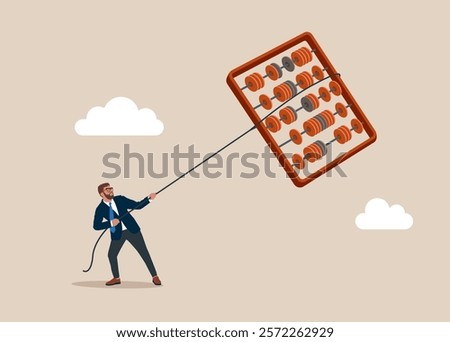 Businessman catch hold and pulling Abacus for calculations equipment shopping sale. Budget allocation, expense and debt pay off or payment. Flat vector illustration