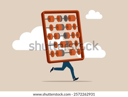 Funny funky guy abacus for calculations instead of body. Think about numbers. Loan calculation, budget allocation, expense and debt pay off or payment. Flat vector illustration.