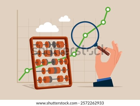 Hand uses magnifying glass to analyze cost graph with abacus for calculations. Details on market data. Stock market data analysis. Vector illustration in flat style