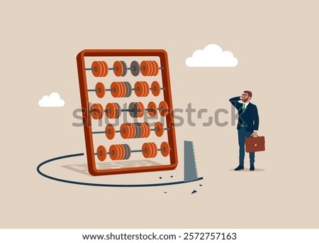 Theft of abacus for calculations. Thief sawing the floor to make economy falling down. Financial accounting fraud. Modern vector illustration in flat style