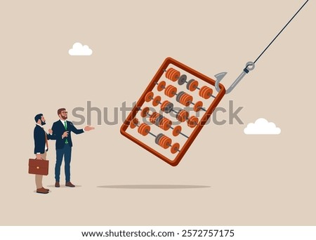 Abacus for calculations on fishing hook. Account fraud. Modern vector illustration in flat style