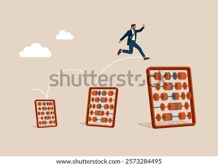 Businessman jumping from small to the big abacus for calculations. Interest, financial and mortgage rates. Financial calculation of money. Tax time. Vector illustration