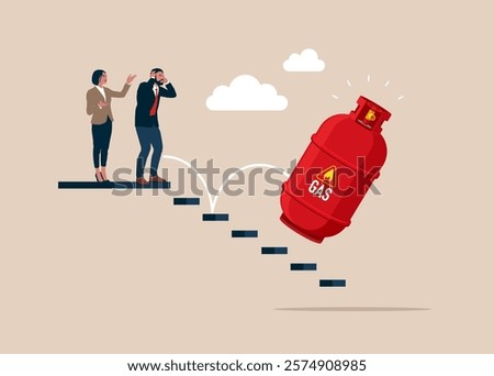 Falling gas price. Gas cylinder is rolling  the stairs into down the abyss. Unhappy business people is afraid  risk of bankruptcy and losses. Volatility and collapse on gas. Vector illustration