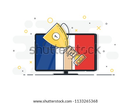 France soccer match on TV set. Gold cup in hands. Hand holding winner's trophy award. Trendy flat vector on white background. Vector Illustration. 