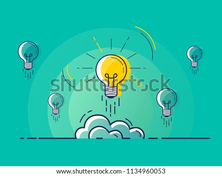 Set of light bulbs rocket launch with one glowing. Trendy flat vector light bulb icons with concept of idea on green background. 