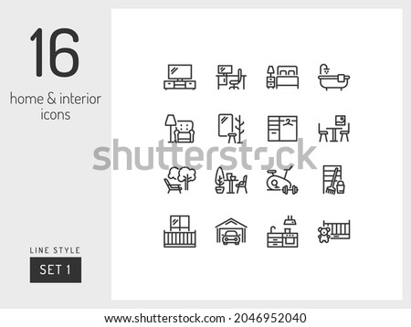 Set 1 of home room types on the white background. Home and interior linear icons to use in web and mobile app.