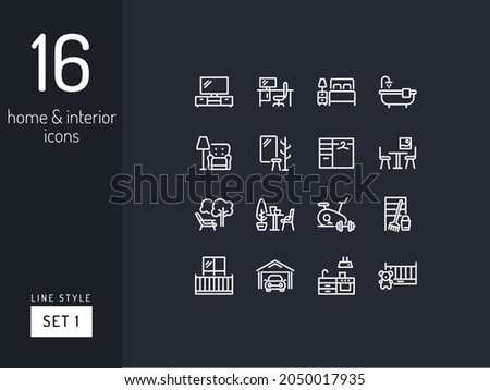 Set 1 of home room types on the black background. Home and interior linear icons to use in web and mobile app.
