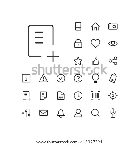 Document add icon in set on the white background. Universal linear icons to use in web and mobile app.
