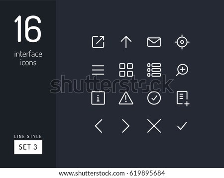 Set 3 of interface icons on the black background. Universal linear icons to use in web and mobile app.