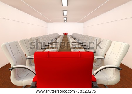 Conference room with empty white chairs and and one red chair - leadership concept
