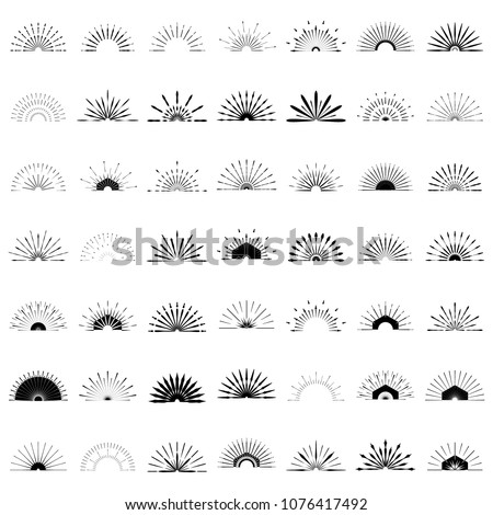 Big set of Retro Sun burst shapes. 49 Half Vintage logo, labels, badges. Vector design element isolated. Minimal black firework burst.