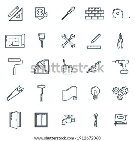 Big set of renovation house 25 icon, concept repair build tool stuff, instrument toolkit outline art flat vector illustration, isolated on white. Reconstruction building equipment, construction object