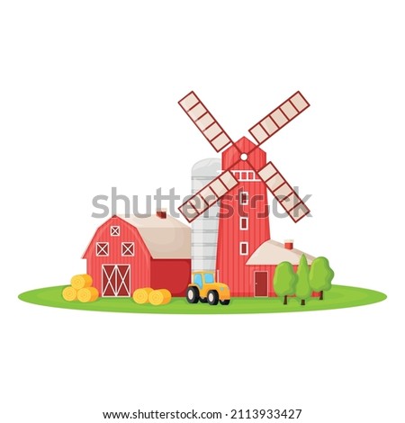 Country house with red mill, farm barn and granary building on green farm field plot cartoon vector illustration, isolated on white. Modern large ranch with harvest crop. Stock foto © 