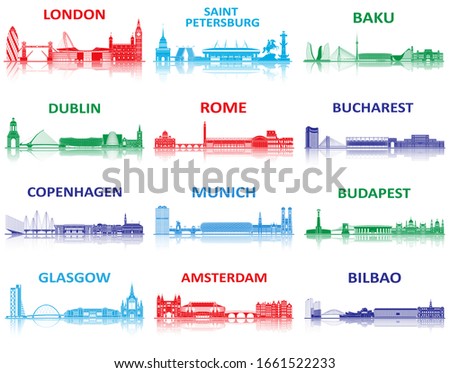 Host cities landmarks silhouette. European championship 2020.