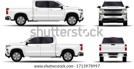realistic car. truck, pickup. front view; side view; back view.