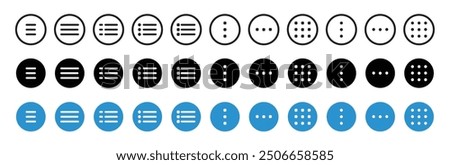 Hamburger menu icons set for web and mobile apps. Includes vector buttons for website UI navigation, featuring hamburger or burger line menu icons for home, drop-down lists, application drawers, or mo