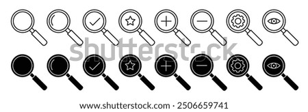 Magnifying glass icon set featuring search icons and loupe symbols. Vector isolated illustrations