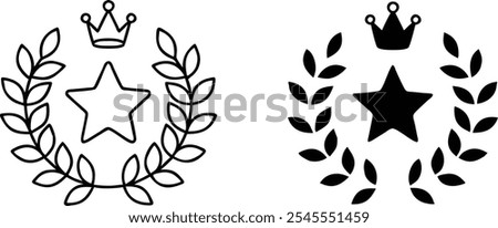 Two icons depicting a laurel wreath, a star, and a crown, one in outline and the other filled in black.