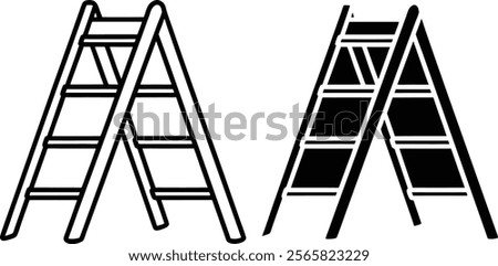 Two stepladder images are shown a line drawing and a filled black version. Both depict a classic Aframe design with four steps.