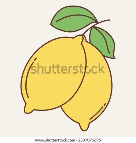 Two yellow lemons with green leaves, illustrated in a simple, stylized manner.