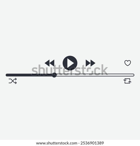 A media player interface featuring play, pause, skip, shuffle, and like buttons.