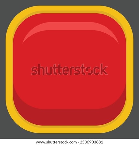 A glossy red button encased in a yellow border, suggesting interactivity or alert.