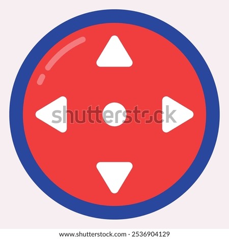 A red gaming controller button with directional arrows and a central button.