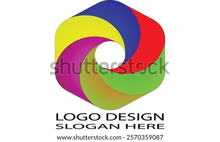 A vibrant logo design featuring a swirling hexagon with a central void and a gradient of colors, including red, yellow, blue, green, and purple.