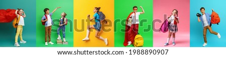 Back to school! collage 7 school children on colorful paper wall background. Children with backpacks and books. children are happy and ready to learn. Dynamic images. positive fun and active jumps.