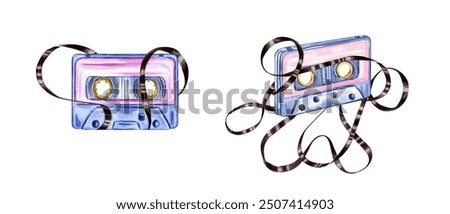 Similar – Image, Stock Photo Compact cassette tapes and cassette recorder. Retro music style. 80s music party. Vintage style. Analog equipment. Stereo sound. Back to the past