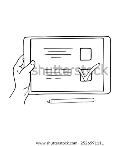 Monochrome hand holding tablet with open document to fill agreement, voting with stylus vector sketch painted by black inks. Register application with checkmark online device illustration for poster.