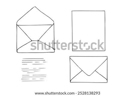 Open, close envelopes, blank paper, abstract text flat line vector isolated icons painted by black inks. Black and white drawing of monochrome message template for mailing list, post office.