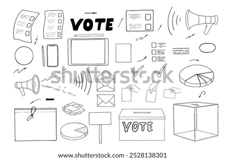 Election line icons vector isolated illustration clip art painted by black inks. Ballot box, bulletin, loudspeaker, envelope, diagram, letter set for brochure, promotional, presentation, poster.