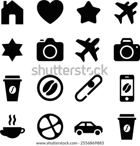 A vector silhouette artwork of a black-filled a icons set including a house and a camera.