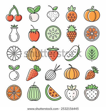 A set of 28 colorful icons, perfect for adding a vibrant touch to your designs. These illustrations feature a variety of fruits, vegetables, and other food items, all presented in a fun and style.