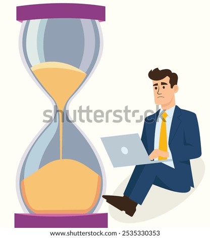 The hourglass visually represents the limited time available, while the man's posture and expression convey his stress and struggle to complete his work within that timeframe. feeling of urgency,