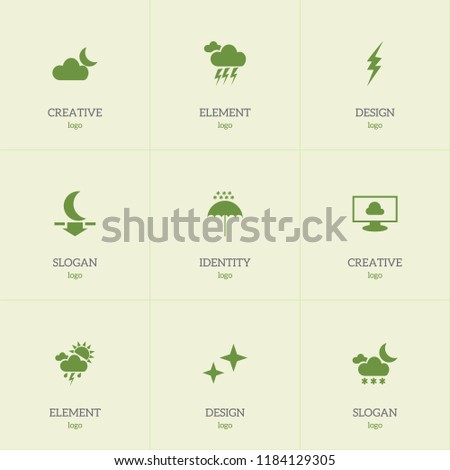 Set of 9 editable climate icons. Includes symbols such as moon down, current shock, lightning and more. Can be used for web, mobile, UI and infographic design.