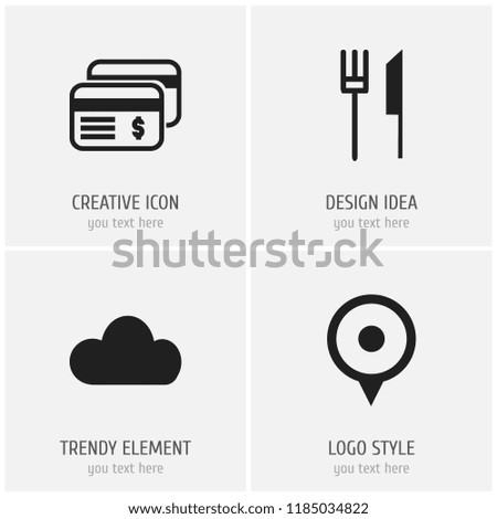 Set of 4 editable travel icons. Includes symbols such as cloud, credit card, cutlery and more. Can be used for web, mobile, UI and infographic design.