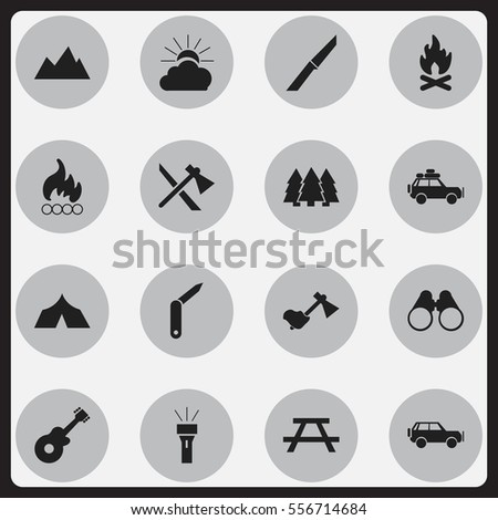 Set Of 16 Editable Travel Icons. Includes Symbols Such As Knife, Clasp-Knife, Sunrise And More. Can Be Used For Web, Mobile, UI And Infographic Design.