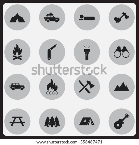 Set Of 16 Editable Camping Icons. Includes Symbols Such As Field Glasses, Ax, Fever And More. Can Be Used For Web, Mobile, UI And Infographic Design.