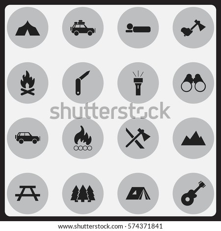 Set Of 16 Editable Travel Icons. Includes Symbols Such As Field Glasses, Ax, Fever And More. Can Be Used For Web, Mobile, UI And Infographic Design.