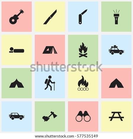 Set Of 16 Editable Camping Icons. Includes Symbols Such As Blaze, Gait, Sport Vehicle And More. Can Be Used For Web, Mobile, UI And Infographic Design.
