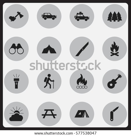 Set Of 16 Editable Trip Icons. Includes Symbols Such As Pine, Knife, Blaze And More. Can Be Used For Web, Mobile, UI And Infographic Design.
