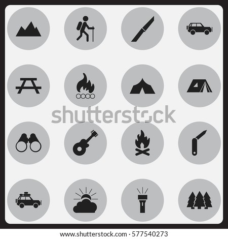 Set Of 16 Editable Trip Icons. Includes Symbols Such As Lantern, Sport Vehicle, Refuge And More. Can Be Used For Web, Mobile, UI And Infographic Design.